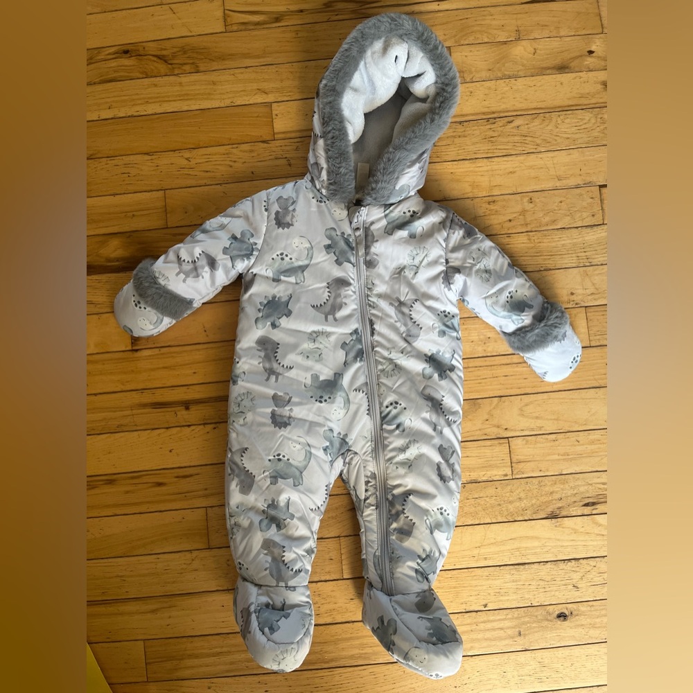 Snowsuit, coat, hood, mittens, booties all in one!  Dinosaur print, full zipper